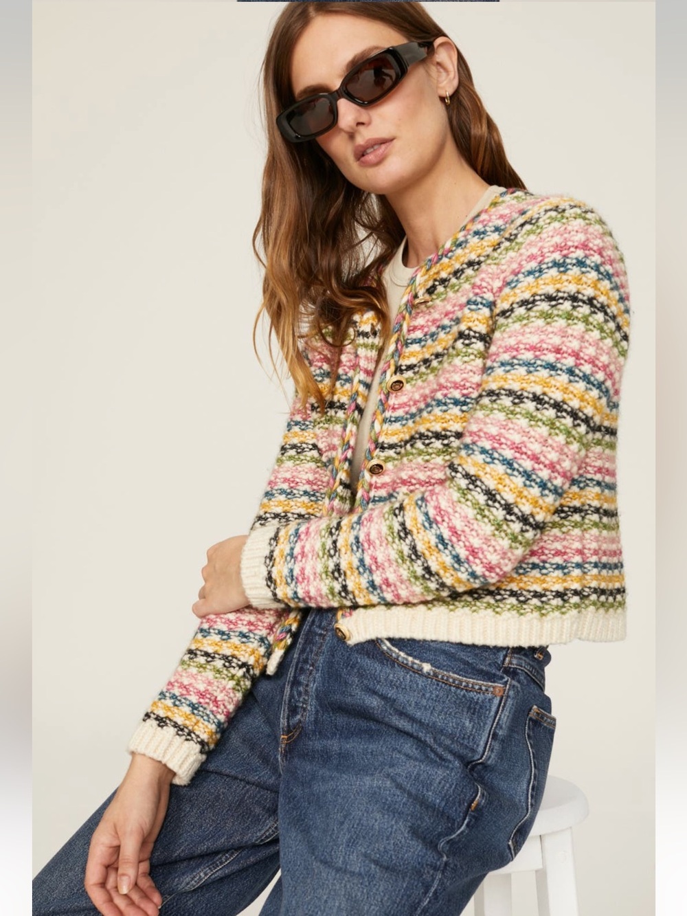ba&sh Bianca Multicolor Striped Knit Cropped Cardigan Size Large - Picture 6 of 16